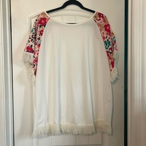 White with colorful floral sleeve with fringe